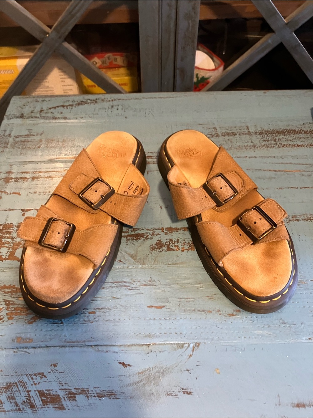 Dr. Martens Tan Leather Double-Buckle Slide Sandals - Picture 2 of 16